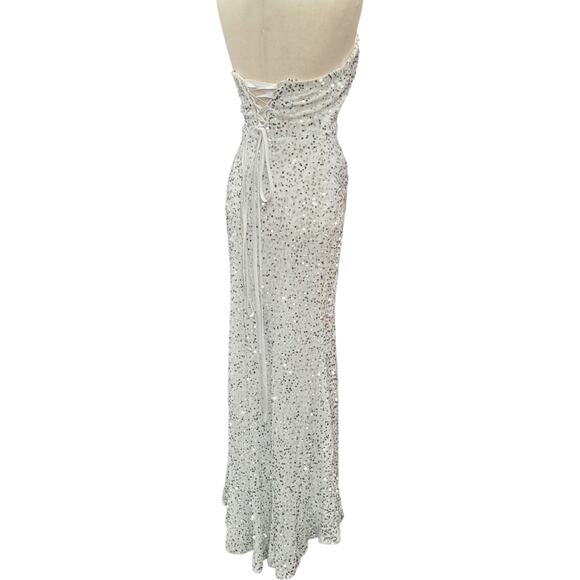 NWT White Silver Strapless Sequin Evening Gown with Corset Back on Velvet Fabric - Picture 13 of 14